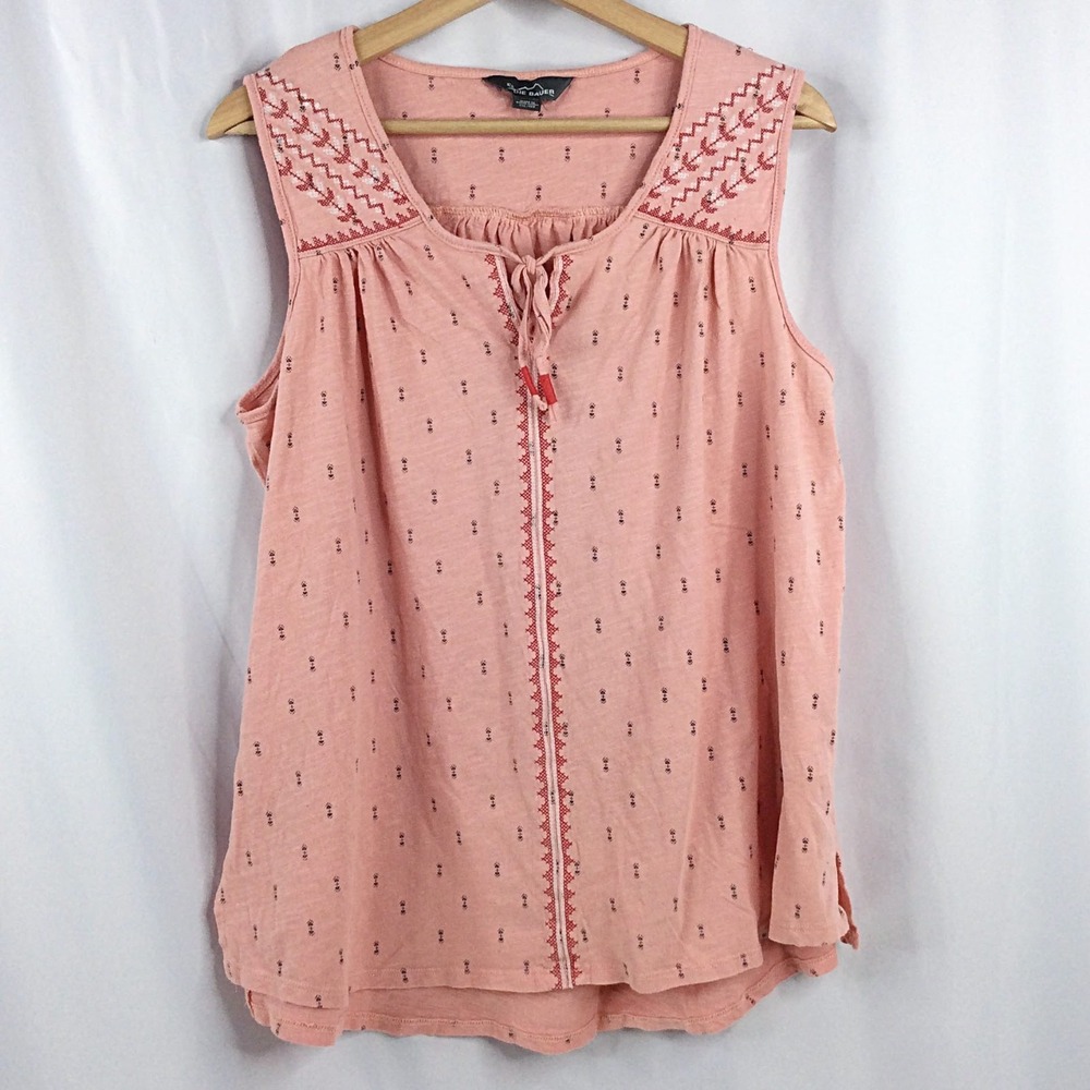 Eddie Bauer Embroidered Aztec Tank Top Women's Size XXL Pink Tie Neck Modal